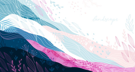 Abstract landscape background, floral banner for your design. Hand drawn print with nature elements. vector illustration.のイラスト素材