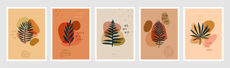 Boho Floral cards with typographic compositions for your design. Hand drawn prints with tropical leaves. jungle bohemian theme, Vector illustration.のイラスト素材