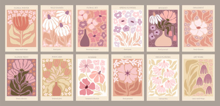 Boho Floral cards with typographic compositions for your design. Hand drawn prints with tropical leaves. jungle bohemian theme, Vector illustration.のイラスト素材