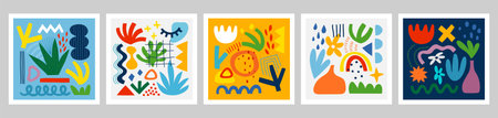 Abstract design poster set, trendy graphic cards with geometric elements, hand drawn collection. vector illustration.のイラスト素材