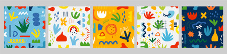 Abstract design poster set, trendy graphic cards with geometric elements, hand drawn collection. vector illustration.のイラスト素材