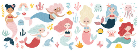 Cute mermaid set with fish, seaweed, marina elements for your design, childish hand drawn sea elements. vector illustration.のイラスト素材
