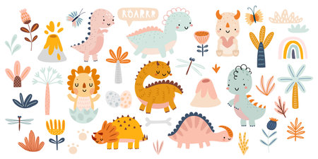 Cute Dino set with trees, plants, and other elements for your design, childish hand drawn dinosaur elements. Nursery vector illustration.のイラスト素材
