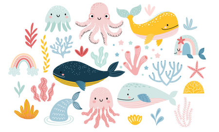 Cute marina life set with fish, whales, seaweed, marina elements for your design, childish hand drawn sea elements. vector illustration.のイラスト素材