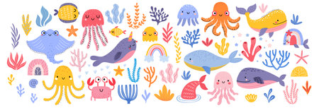 Cute marina life set with fish, whales, seaweed, marina elements for your design, childish hand drawn sea elements. Vector illustration.のイラスト素材