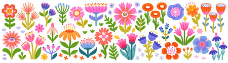 Floral collection with flowers, leaves for your design. Hand drawn set. Vector illustration.のイラスト素材