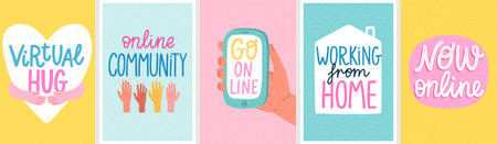 Online activity theme cards, design posters with letterings - Working from home, online community, virtual hug, go online and others. Vector illustration.のイラスト素材