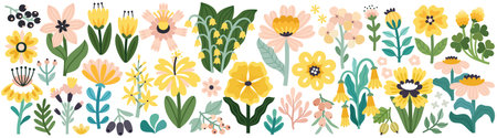 Floral collection with flowers, leaves for your design. Hand drawn set. Vector illustration.のイラスト素材