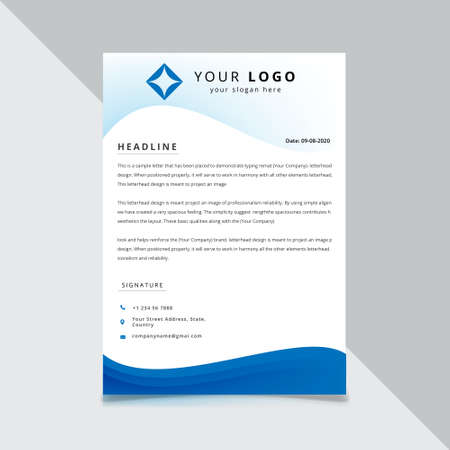 Letterhead template vector, minimalist style, printing design, Blue concept wave illustrationのイラスト素材