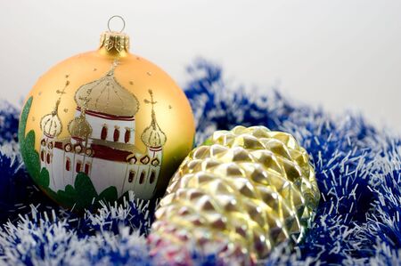 Christmas-tree decorations on a white background close-upの写真素材