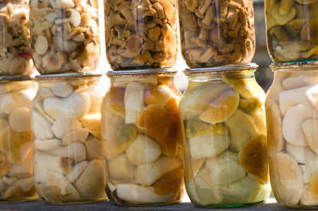 Homemade canned different mushrooms in glass banksの写真素材