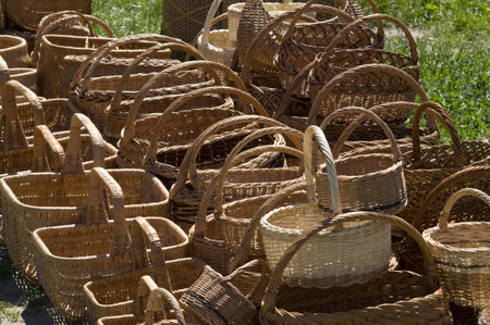 Traditional ukrainian handmade baskets of varying size made by weaving a wooden rod