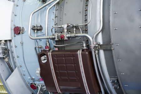 Piece of equipment of the aircraft engine closeup