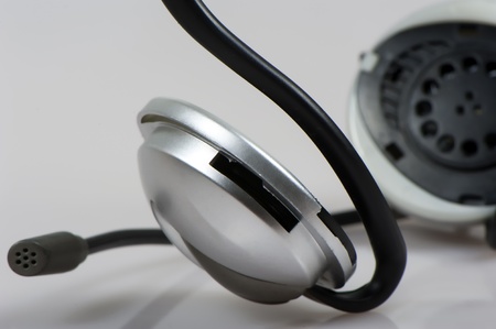 Headphones with a microphone on a white backgroundの写真素材