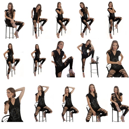 Young beautiful girl in torn leggings on the bar stool in the Studio on a white backgroundの写真素材