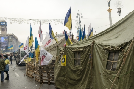 Military tents along Khreschatyk Street in Kiev, December 17, 2013 during the political crisis in Ukraineのeditorial素材