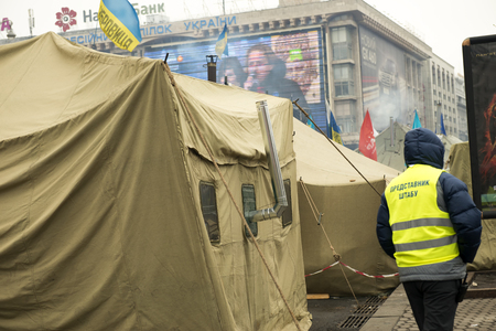 Military tents along Khreschatyk Street in Kiev, December 17, 2013 during the political crisis in Ukraineのeditorial素材