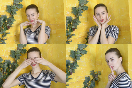 Collage of four portraits of girl with yellow brick wallの写真素材
