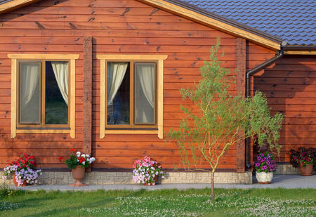 Flowers at the walls of a wooden summer housesの写真素材