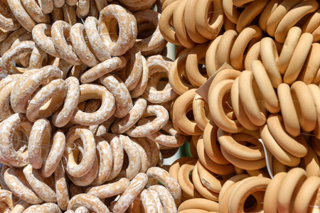 Sweet baking bagels on the rope bundle close up