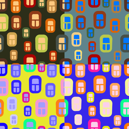 Seamless vector pattern of multicolored house windows at different times of the dayのイラスト素材