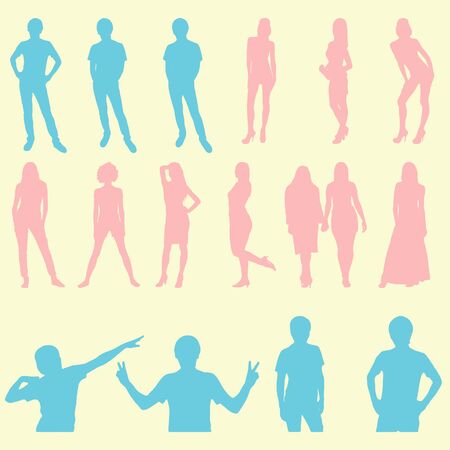 Silhouettes of men and women in various posesのイラスト素材