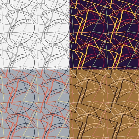 Set of seamless patterns of curved geometric shapes, randomly arranged on a solid backgroundのイラスト素材