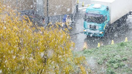 Road with a truck and pedestrians during the autumn snowfall in the cityの写真素材