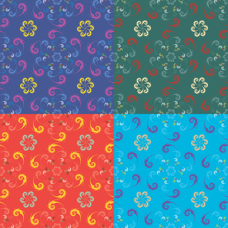 Set of four geometric seamless patterns in different color styles with vegetable fractal elementsのイラスト素材