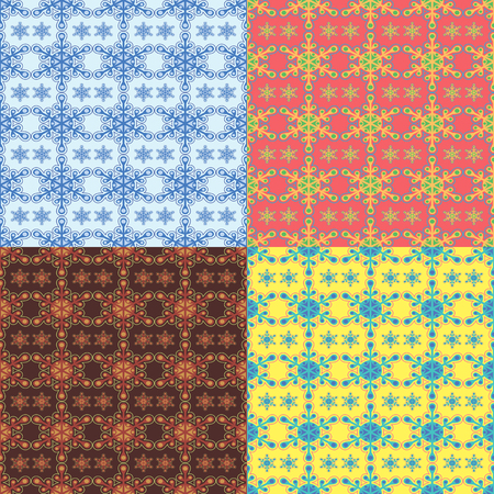 Seamless abstract pattern with figures similar to stylized snowflakes in four different color variantsのイラスト素材