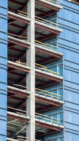 Construction of a modern high-rise urban office and residential building on a sunny summer day