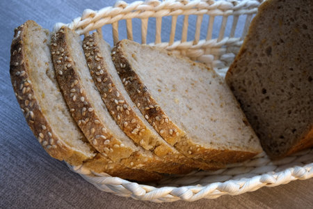 Homemade rye bread with   seeds in the basket
