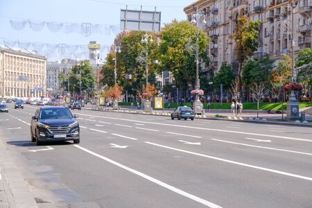 Summer cityscape street in the center of Kiev, Ukraine, August 7, 2019, normal working day, photo for editorial useのeditorial素材