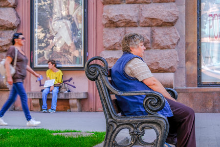 Summer cityscape street in the center of Kiev, Ukraine, August 7, 2019, normal working day, photo for editorial useのeditorial素材