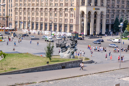 Independence Square summer cityscape in the center of Kiev, Ukraine, August 7, 2019, normal working day, photo for editorial useのeditorial素材