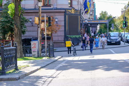 Summer cityscape street in the center of Kiev, Ukraine, August 7, 2019, normal working day, photo...