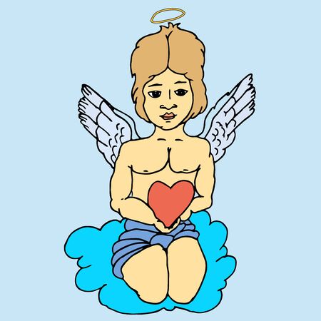 Comic cartoon image of an angel on a cloud with a human heart in hands on a blue backgroundのイラスト素材
