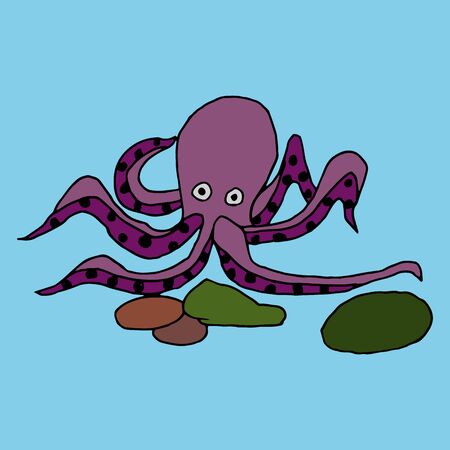 Humorous cartoon vector freehand drawing on sea animals sea octopus on a blue backgroundのイラスト素材