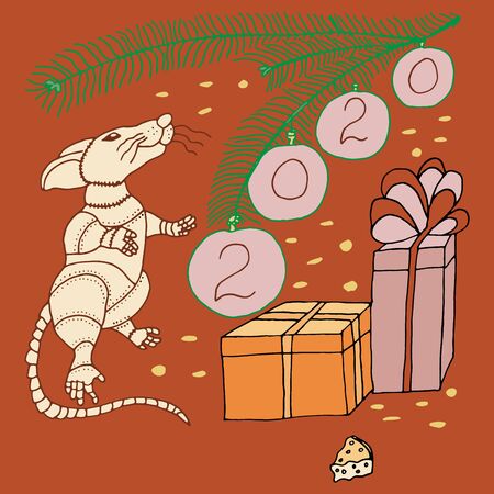Symbol of 2020 year White metal Rat New Year's holiday vector sketch freehand drawingのイラスト素材