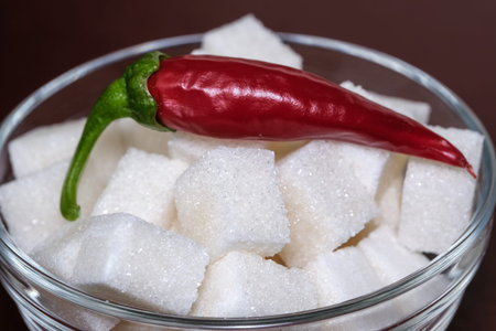 Red hot pepper lies on pieces of refined sugar, close-up, macro photo