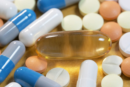 Medicines in the form of tablets of different colors and sizes close-up macro photo on the subject...