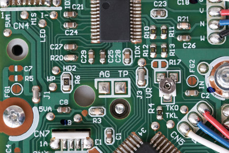 Digital electronic circuit board of the device with chips and other details close-up macro...