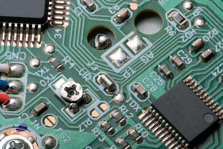Fragment of electronic microcircuit of modern digital equipment close-up macro photography
