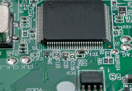 Fragment of electronic microcircuit of modern digital equipment close-up macro photography