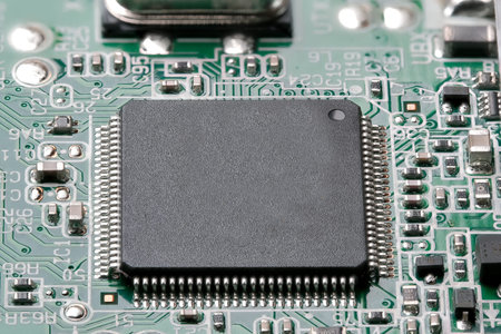 Fragment of electronic microcircuit of modern digital equipment close-up macro photography
