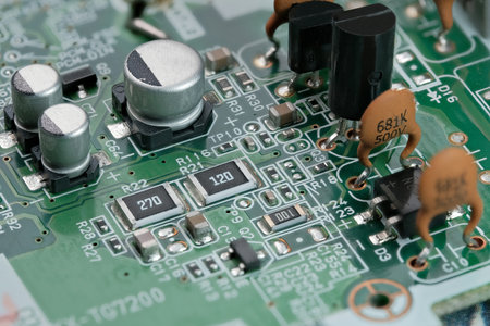 Fragment of electronic microcircuit of modern digital equipment close-up macro photographyの写真素材