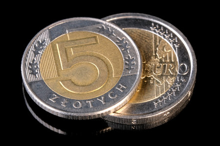 Two coins Polish zloty and euro close-up on a black background macro photography