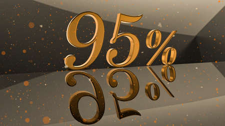 Golden volumetric number 50 percent on mirror surface with round particle background computer render 3d illustrationの写真素材