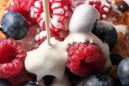 Mix of sweet berries with cream and cookies with chocolate close-up macro photographyの写真素材