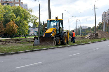 Replacement of old tram tracks in Kiev September 2021 for laying new railsの写真素材